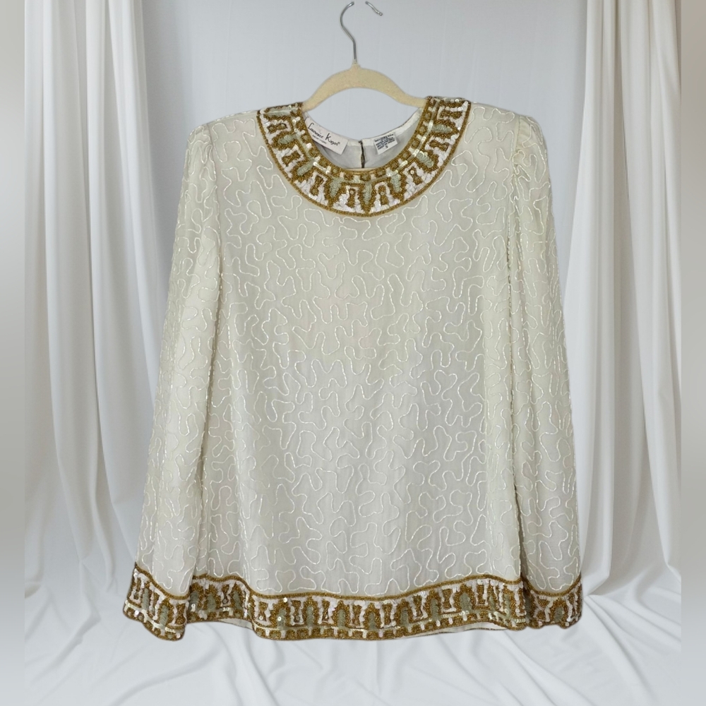 Vintage Laurence Kazar New York Ivory Beading Formal Blouse Size Small
